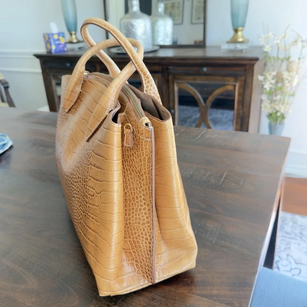 Lacucci Italian‎ Leather Satchel Large Handbag Bag Crocodile Embossed Brown Tan